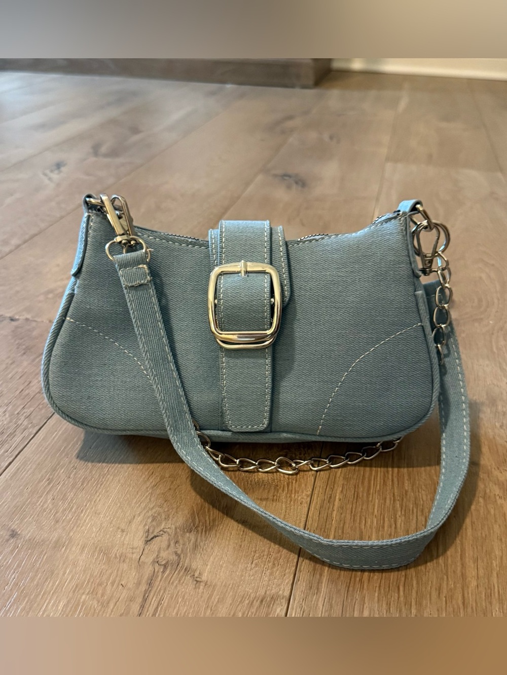 Light Blue Denim Women's Shoulder Bag with Silver Buckle Accent